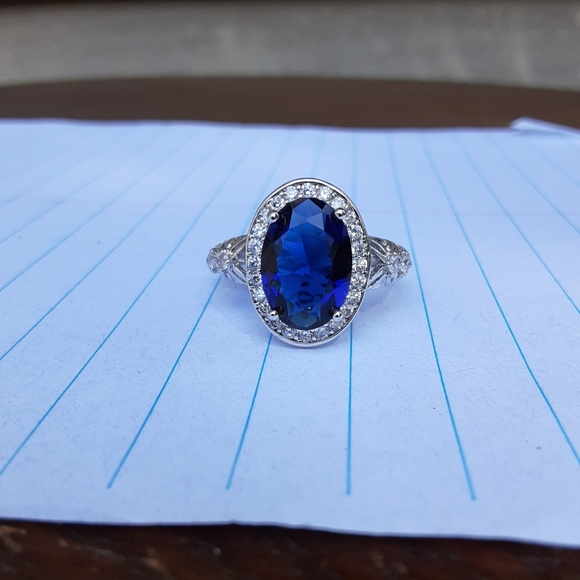 Blue Sapphire and Cz Silver Ring Size 8.5 - Picture 1 of 7
